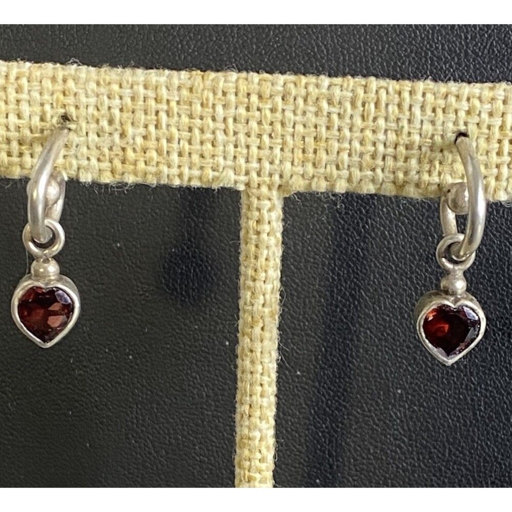 Acleoni Sterling Silver 925 Earrings Red Garnet Gemstone Heart Drop Dangle-4.9Gr